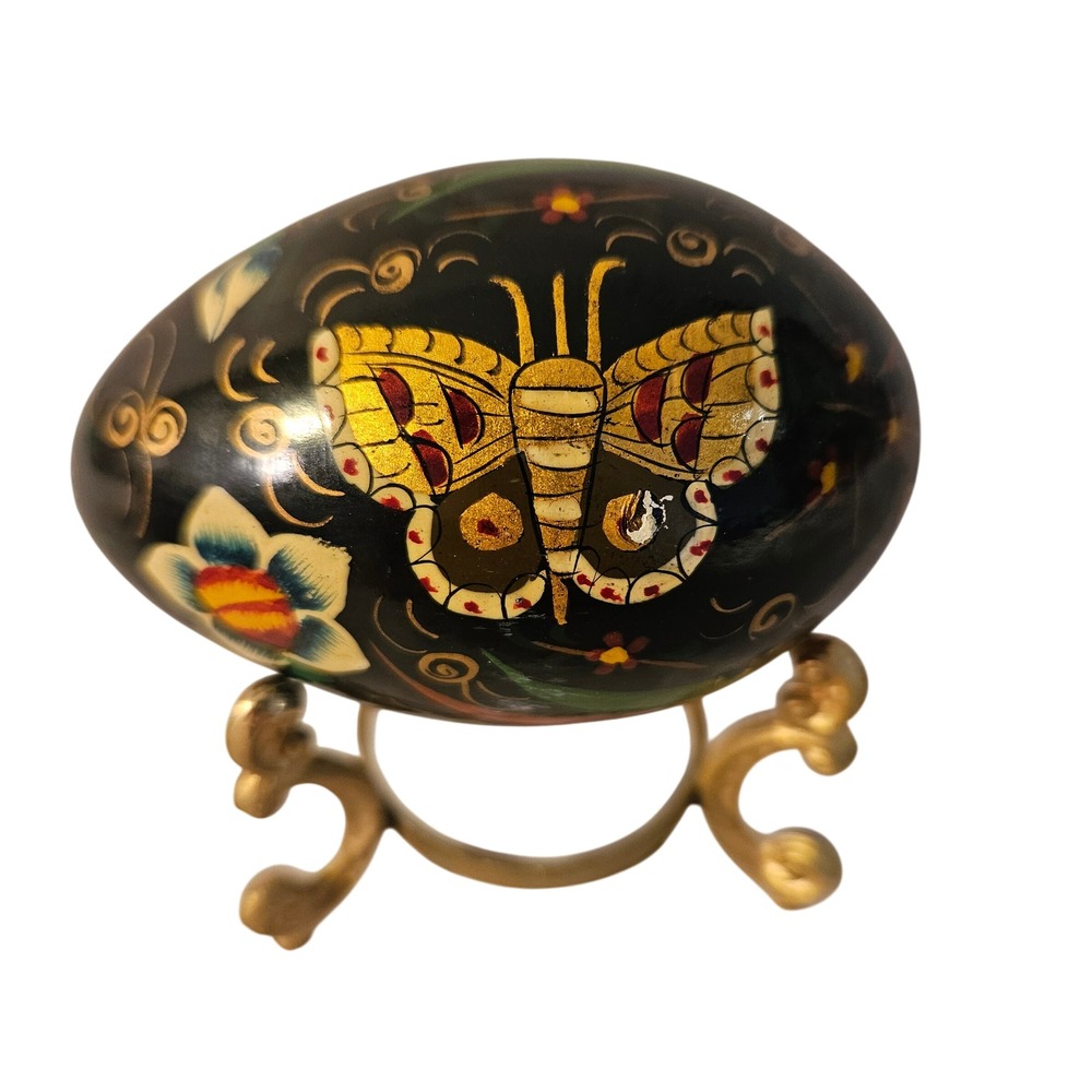 Vintage Hand-Painted Egg Black Butterfly Russia Floral Decorative